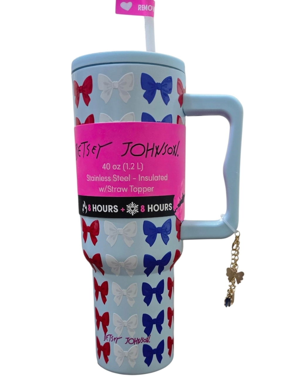 Betsey Johnson 40oz Stainless Steel Insulated Tumbler Bow Print Red White Blue - Picture 5 of 8